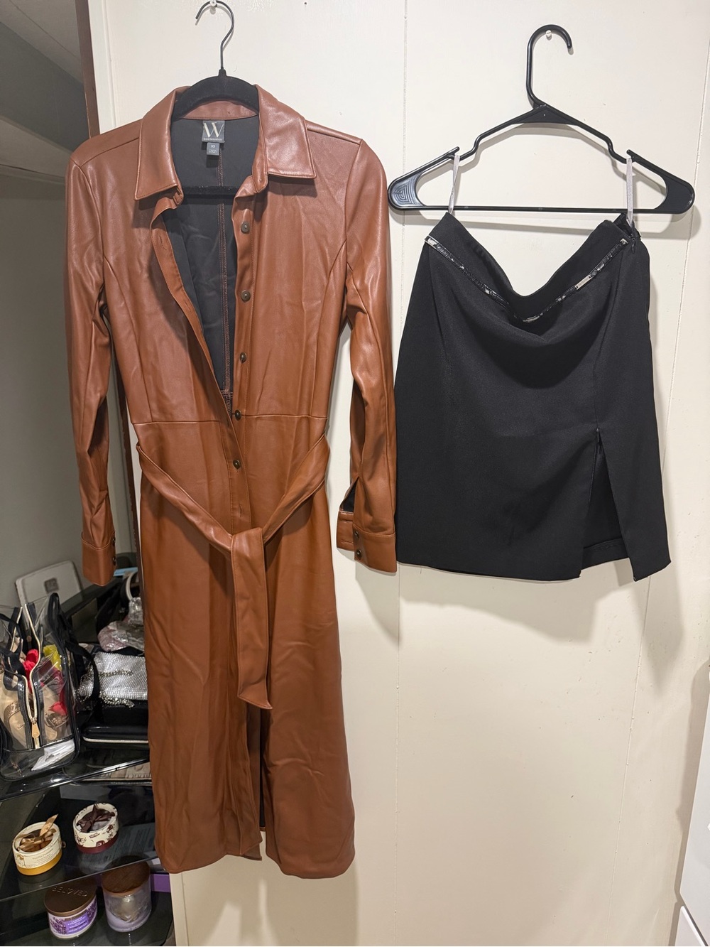 Worthington Brown Faux Leather Belted Midi Dress XS + Black Skirt